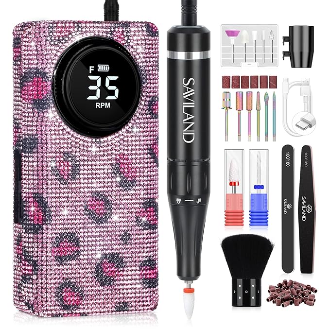 SAVILAND Professional Nail Drill for Nails Tech: Charming Pink Leopard Print 35000RPM Electric Acrylic Nail Drill Kit with 13 Drill Bits Rechargeable E-File Machine Expert Manicure Pedicure Salon Use
