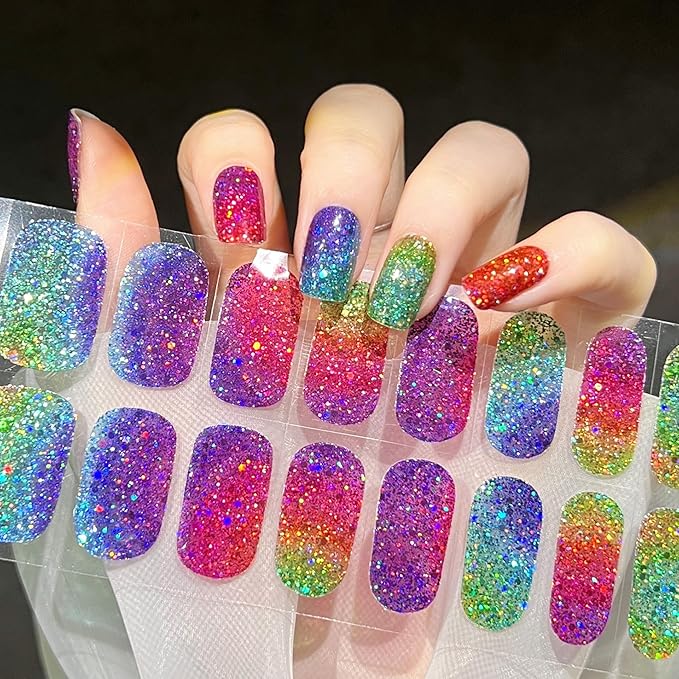 Semi Cured Gel Nail Strips Salon-Quality, Long Lasting Adhere Nail Art Stickers Decals (Colorful Sequins)