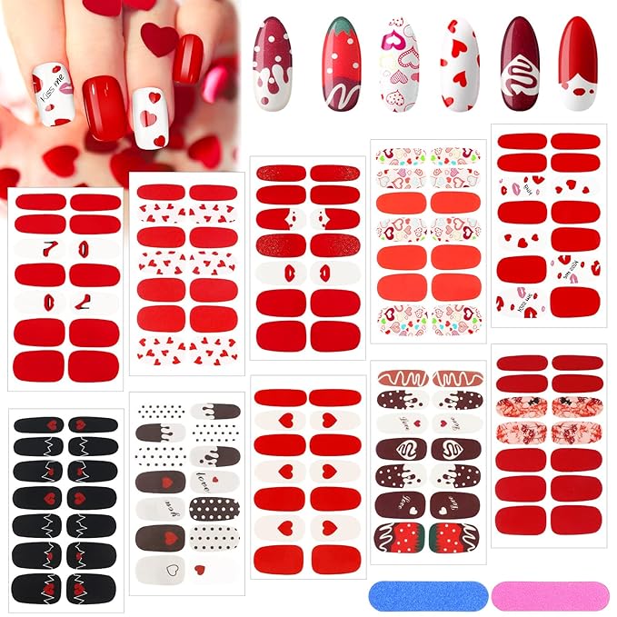 140 Pcs 10 Sheets Valentine's Day Full Wrap Nail Stickers Polish Strips Gradient Stickers Glitter Self Adhesive DIY Art Decals Strips with 2 Pcs Nail Files for Valentine Decor