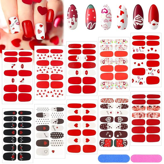 140 Pcs 10 Sheets Valentine's Day Full Wrap Nail Stickers Polish Strips Gradient Stickers Glitter Self Adhesive DIY Art Decals Strips with 2 Pcs Nail Files for Valentine Decor