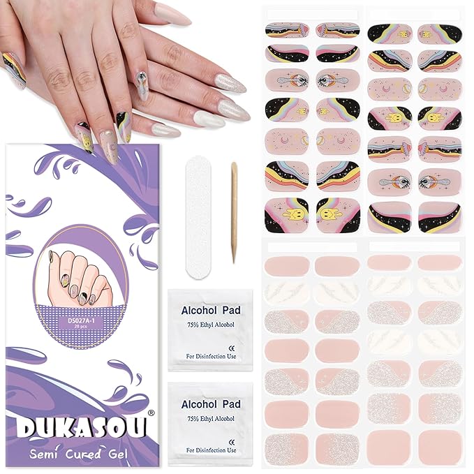 Semi Cured Gel Nail Strips 2 Set, (Creamy Rose,Funny Nude) 56 Pcs Gel Nail Wraps,Stickers Works with Any UV/LED Lamps,Long Lasting,Salon-Quality, Easy to Apply