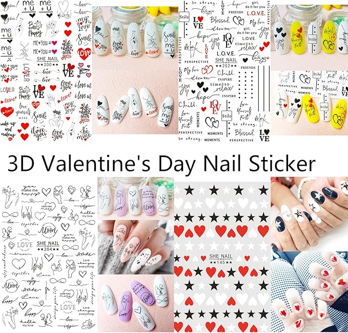 12 Sheets Valentines Nail Stickers, 3D Self-Adhesive Heart Designs, Love Rose Decals for Women Nail Art