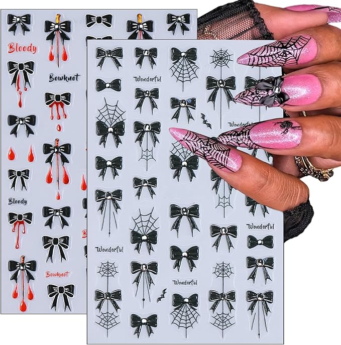 2 Pcs Halloween Nail Art Stickers,Spider Webs and Bloodstains Designs 3D Self-Adhesive Nail Decals Black Bow Nail Decorations Halloween DIY Manicure Supplies for Women Girls