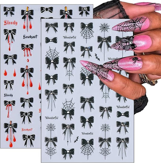 2 Pcs Halloween Nail Art Stickers,Spider Webs and Bloodstains Designs 3D Self-Adhesive Nail Decals Black Bow Nail Decorations Halloween DIY Manicure Supplies for Women Girls