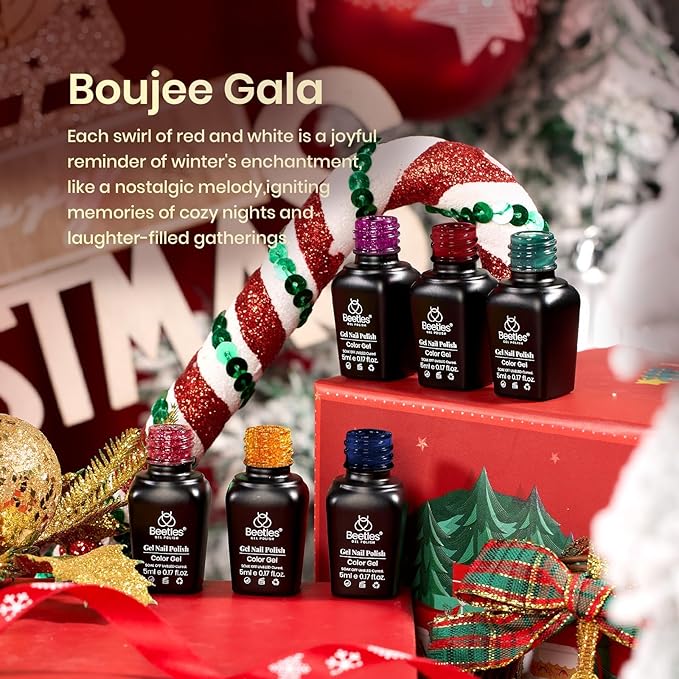Beetles Christmas Gel Nail Polish, 6 Colors Winter Burgundy Red Glitter Gold Green Gel Polish, Soak Off Uv Nail Lamp Cured Holiday Nail Gel DIY Home Manicure Kit Gifts for Women