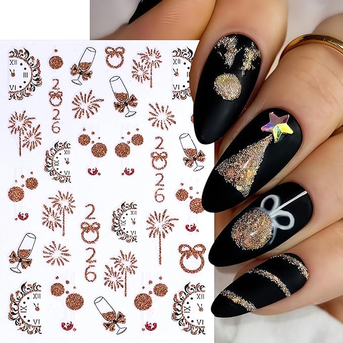 6 Sheets Christmas Bell Holly Leaf Nail Art Stickers 3D Clock Glitter Firework Design Nail Decals Xmas Tree Bow Nail Design Santa Claus Elk Nail Supplies for New Year Holiday Nail Art Decorations