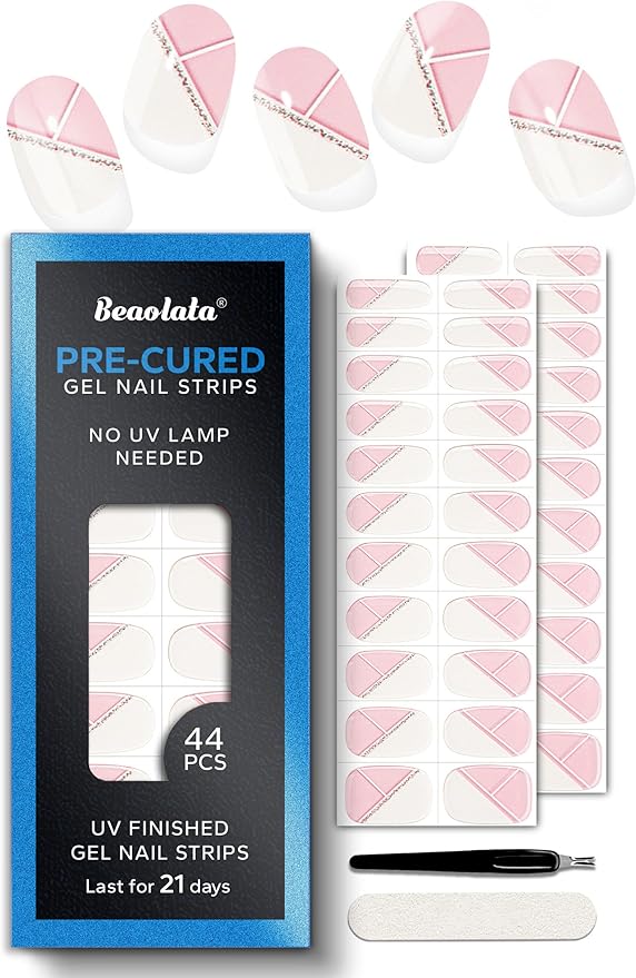 Pre Cured Gel Nail Strips - 44PCS Salon Quality Gel Nail Stickers - Long Lasting Polish Wraps for Women no UV Light Needed Easy Apply& Remove (Bridal White)