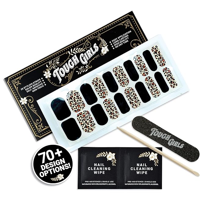 | 20 Exquisite Gel Nail Polish Strips w/Application Accessories - No UV/LED Lamp Required (Black & Leopard)