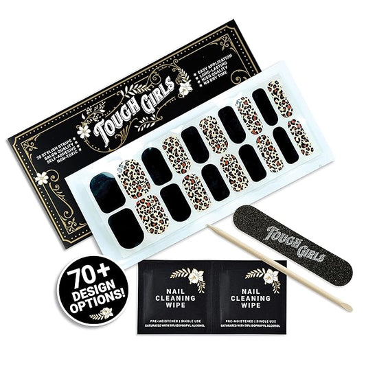 | 20 Exquisite Gel Nail Polish Strips w/Application Accessories - No UV/LED Lamp Required (Black & Leopard)