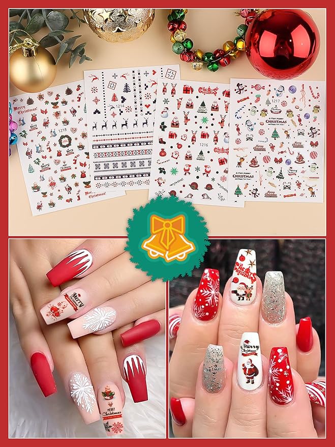 1000+ Patterns Christmas Nail Art Stickers Snowflake 3D Self-Adhesive Nail Decals, Kalolary Snowflake Santa Claus Snowman Christmas Stick Elk for Christams Nail Decorations for Women Kids