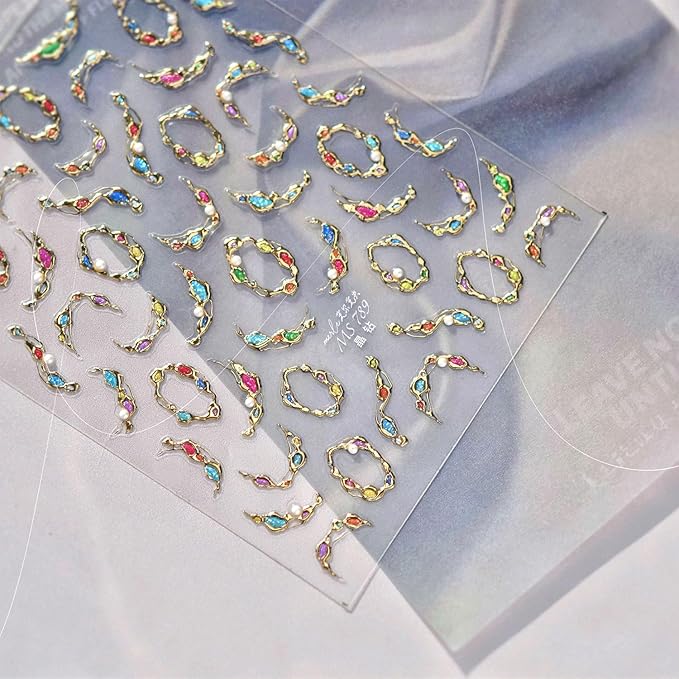 1 Sheet Gold Gemstone Necklace Nail Art Stickers 5D Embossed Pearls Gems Nail Decals with Gilded Designs Nail Sticker Self-Adhesive Colorful Rhinestone Nail Decal for Women Nails Decoration Supplies