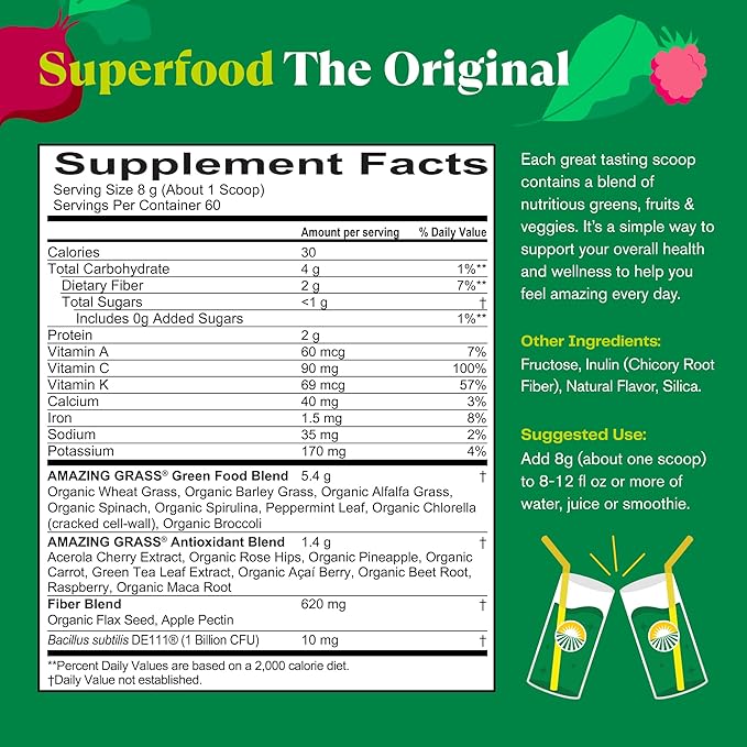 Amazing Grass Greens Blend Superfood: Super Greens Powder with Spirulina, Chlorella, Beet Root Powder, Digestive Enzymes, Prebiotics & Probiotics, Original, 60 Servings (Packaging May Vary)