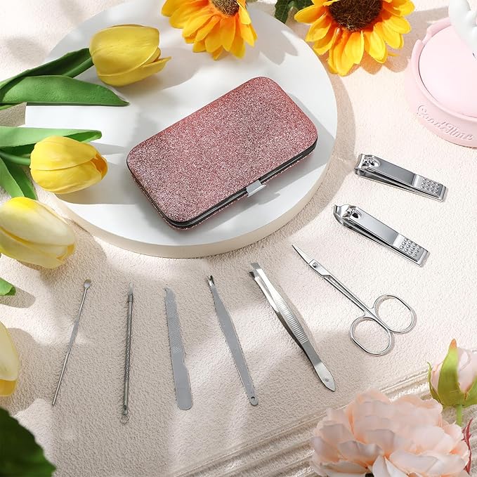 Geosar 12 Sets Manicure Set Nail Clippers Pedicure Kit 8 in 1 Grooming Stainless Steel Kits Nail Care Tools with Travel Case Xmas Gifts Christmas Stocking Stuffers for Men Women(Glitter Pink)