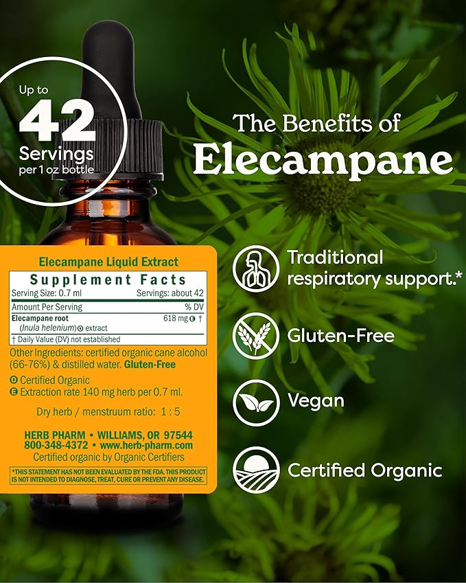 Herb Pharm Certified Organic Elecampane Liquid Extract for Respiratory System Support - 1 Ounce (DELECA01)