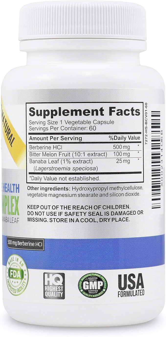 High Strength Berberine 500mg + Bitter Melon & Banaba - Immune System Health - Cardiovascular & Gastrointestinal Support - 60 Vegetarian Capsules