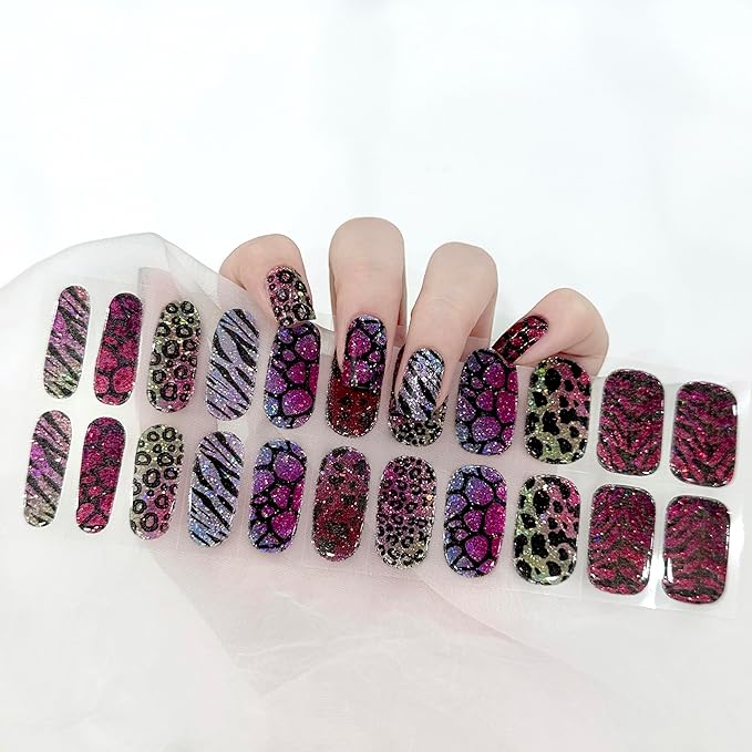 Semi Cured Gel Nail Strips (Glitter Leopard)-22 PCS Manicure Stickers | Gel Nail Wraps | Light Required, Salon Quality & Easy to Use