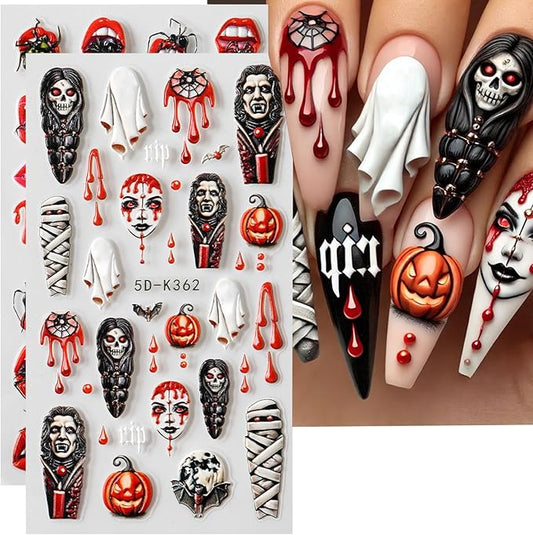 2 Sheets Halloween Nail Art Stickers 5D Embossed Horror Ghost Nail Stickers Big Red Lips Pumpkin Devil's Flame Eye Bat Design Terror Spider Mummy Nail Decals for Women Acrylic DIY Nail Decorations