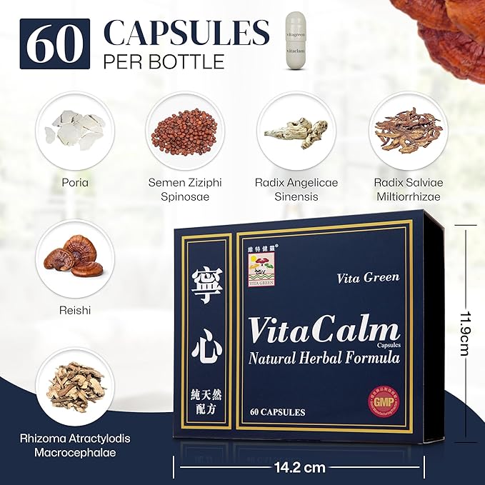 Vita Calm Sleep Aid – Natural Herbal Supplement with Lingzhi Mushrooms – Supports Relaxation and Better Sleep – Non-Addictive Formula for Stress Relief and Improved Sleep Quality – 60 Capsules