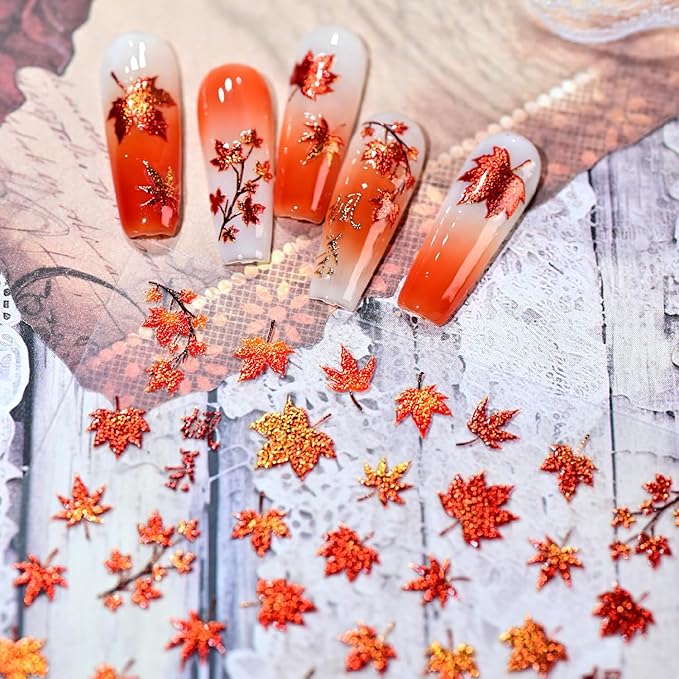 1Sheet Autumn Maple Leaves Nail Art Stickers 5D Embossed Thanksgiving Nails Decals Self Adhesive Fiery Red Maple Leaf Nail Sticker with Glitter Designs Nail Decal for Women Nails Decoration Supplies
