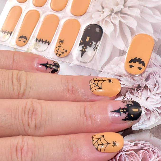 Semi Cured Gel Nail Strips Orange Gel Nails Sticker 22pcs Halloween Spider Nail Wraps for Home Nails DIY