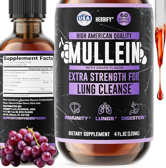 HERBIFY Mullein Drops - Lung Cleanse - Leaf Extract - Powerful Mullein for Immune Support, Detox & Respiratory Support - Made in USA - Herbal Supplements - 4 Oz Grape Flavor