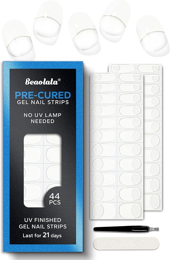 Pre Cured Gel Nail Strips - 44PCS Salon Quality Gel Nail Stickers - Long Lasting Polish Wraps for Women no UV Light Needed Easy Apply& Remove (Dawn White)