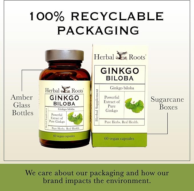 Herbal Roots Brain Health Duo, Organic Mushrooms and Organic Ginkgo Biloba, Powerful Boost for Brain Health, Non-GMO
