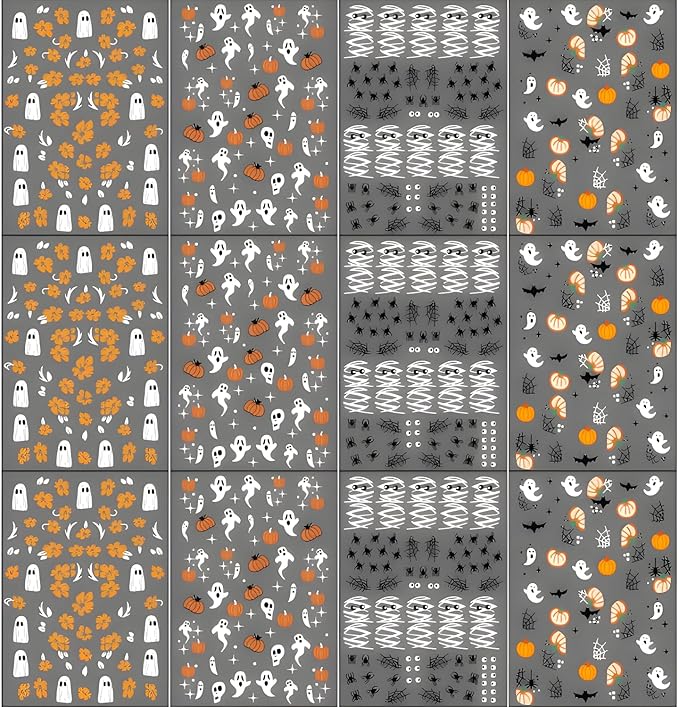 12 Sheets Halloween Nail Stickers Pumpkin Flower Nail Art Stickers 3D Self-Adhesive Bat Ghost Nail Decals Spider Nail Supplies Spider Web Nail Art Decoration for Women and Girls