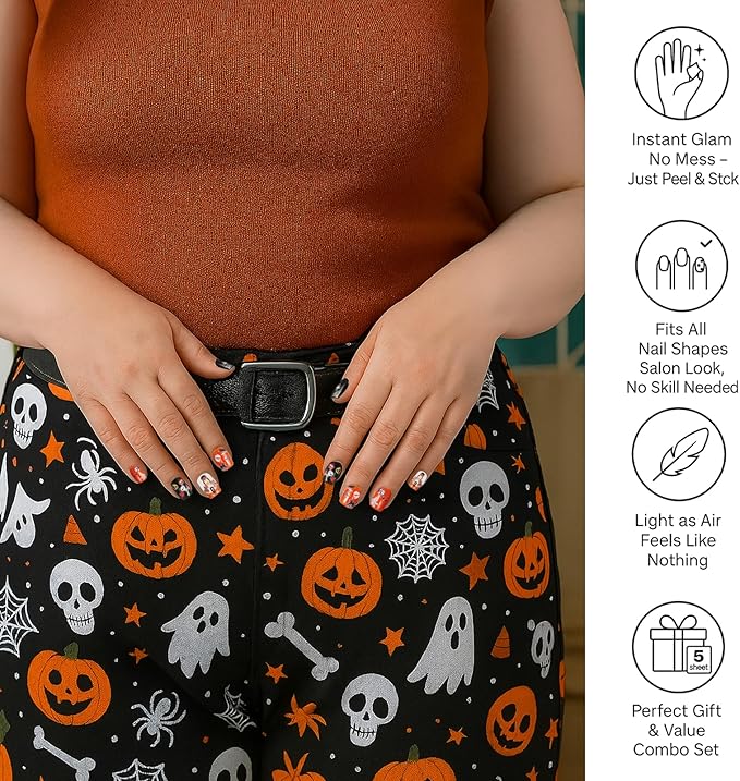 Halloween Nail Decals – 5 Sheets Bratrico 5D Halloween Nail Stickers, Self-Adhesive with Witch, Gothic, Creepy Cute， Horror Movie Designs Manicure Set for Family Time, Women, Girls & Teens