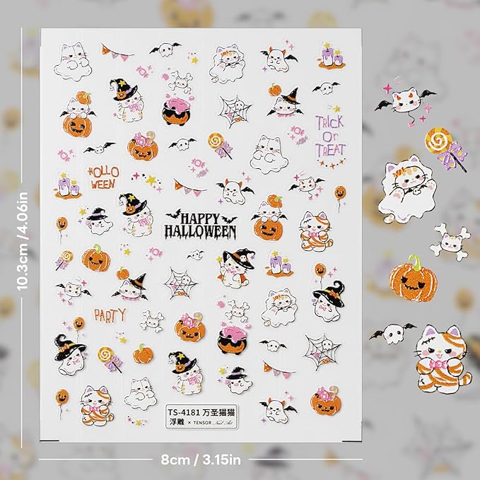 Halloween Nail Stickers for Nail Art - Cute Cat Ghost Nail Art Sticker Halloween 5D Embossed Nail Decals Self-Adhesive Nails Supply Manicure Stickers for Nails Decoration