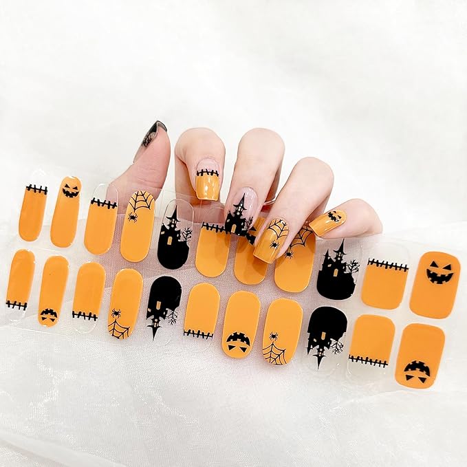 Semi Cured Gel Nail Strips Orange Gel Nails Sticker 22pcs Halloween Spider Nail Wraps for Home Nails DIY