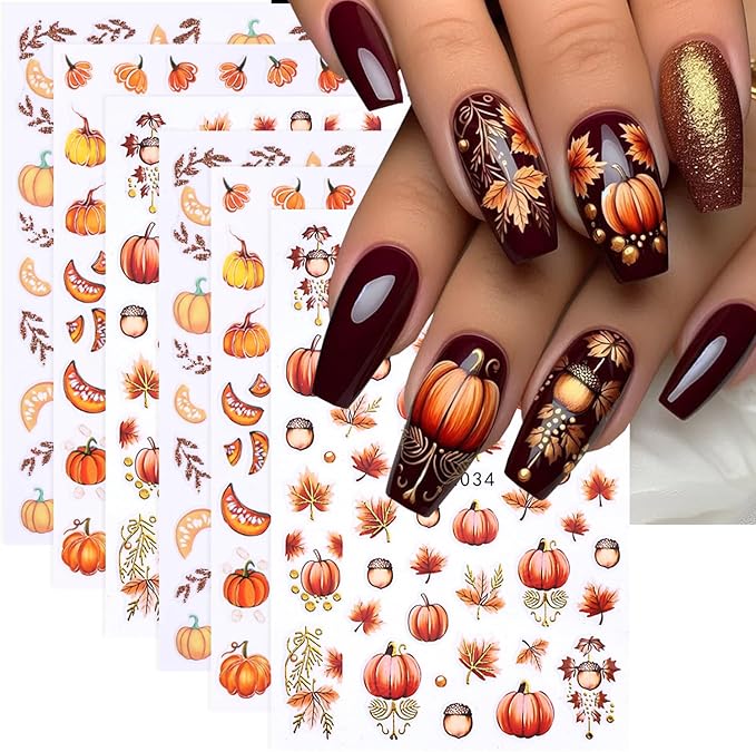 Pumpkin Nail Art Stickers Fall Maple Leaf Nail Decals 6 Sheets 3D Self-Adhesive Maple Leaves Pumpkin Nail Design Nail Art Supplies Fall Stickers for Nails Women DIY Manicure Decorations Accessories
