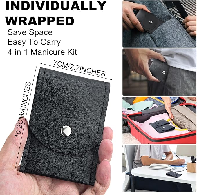 10 Sets Finger Nail Clipper Set Bulk,4 in 1 Black Adult Stainless Steel Travel Manicure Kit with Case Individually Wrapped Nail Clippers Bulk for Homeless,Hotel,Charity