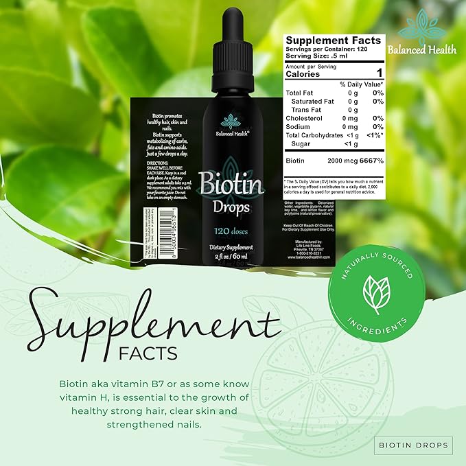 Biotin Drops - 120 Servings, 2oz, Lemon Flavor, Promote Healthy Hair Skin and Nails