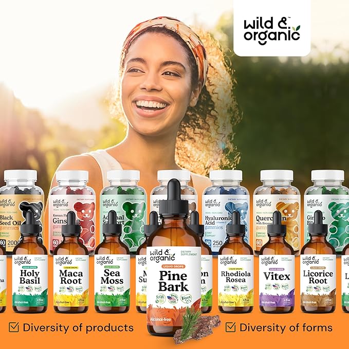 Wild & Organic Pine Bark Drops - Antioxidant Support - French Maritime Pine Bark Extract Tincture - 5-Month Supply - Pinus Pinaster Supplement - Vegan, Sugar & Alcohol-Free - 4 fl oz