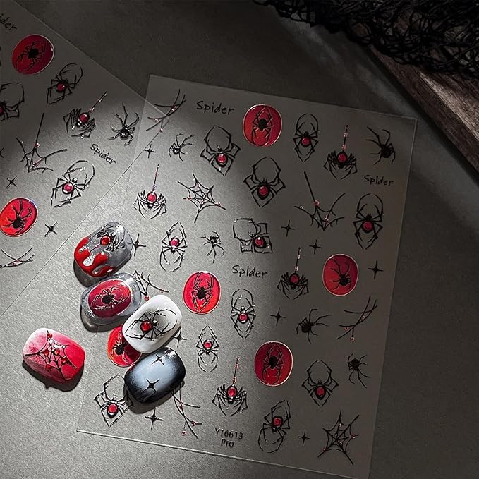 1 Sheets Halloween Spider Nail Art Stickers Halloween 3D Halloweens Nail Stickers Self-Adhesive Red Gem Nail Supplies Gothic Spider Web Nails Accessories Black Spiders Nails Decals for Women Manicure