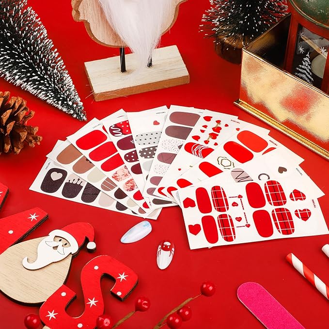 140 Pcs 10 Sheets Valentine's Day Full Wrap Nail Stickers Polish Strips Gradient Stickers Glitter Self Adhesive DIY Art Decals Strips with 2 Pcs Nail Files for Valentine Decor (Sweet Style)