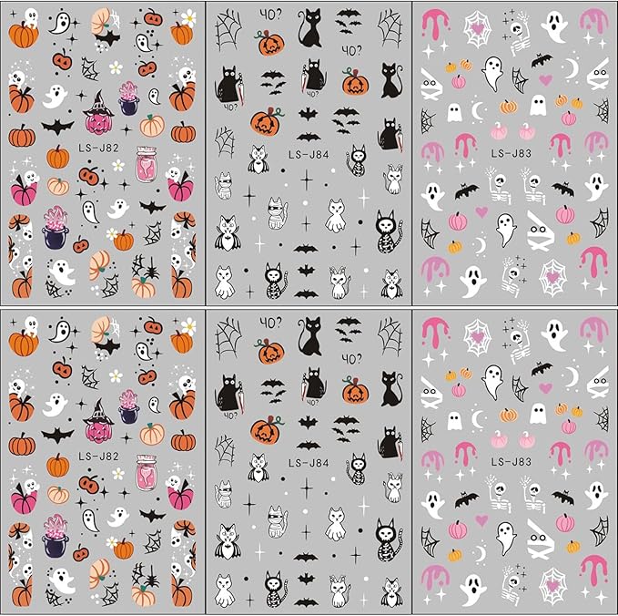 12 Sheets Halloween Nail Art Stickers Pumpkin Bat Nail Decals Ghost Cat Blood Designs Nail Stickers for Nails Art 3D Self-Adhesive Halloween Manicure Decoration for Women
