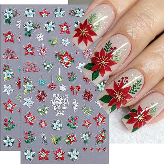 2 Sheets Christmas Nail Stickers for Nail Art 5D Embossed Flower Nail Art Stickers with Snowflake Bow Cherry Leaf Design Winter Nail Decals Nail Art Supplies for Women Acrylic Manicure Decorations