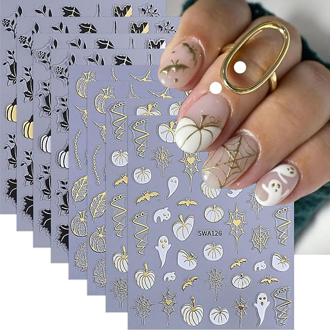 Halloween Nail Stickers Spooky Pumpkins Ghost Nail Decals 8PCS Self-Adhesive Shiny Leaf Pumpkins Bat Spider Web Nail Design Supplies Slider Manicure Accessories Charms Fall Nail Art Stickers for Women