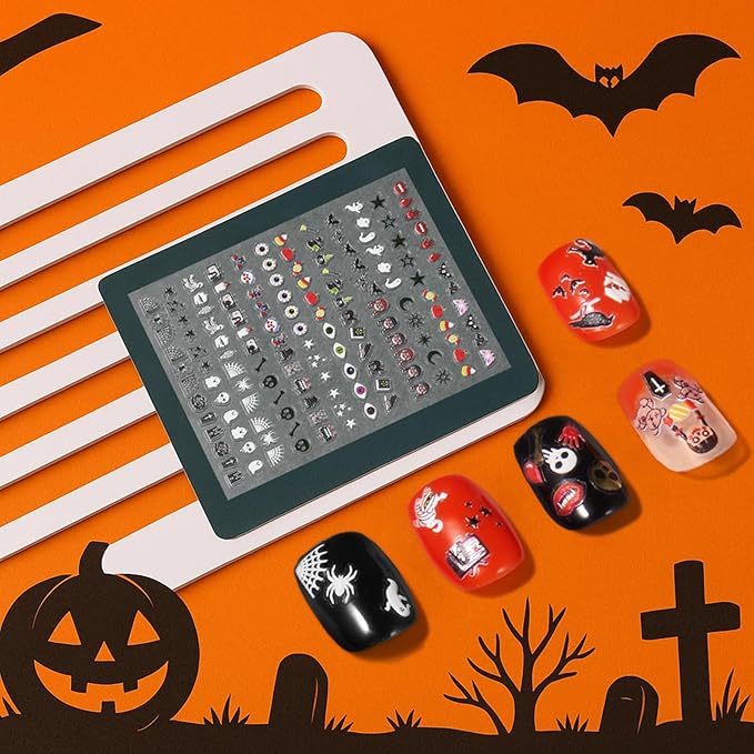 Halloween Nail Decals – 5 Sheets Bratrico 5D Halloween Nail Stickers, Self-Adhesive with Witch, Gothic, Creepy Cute， Horror Movie Designs Manicure Set for Family Time, Women, Girls & Teens