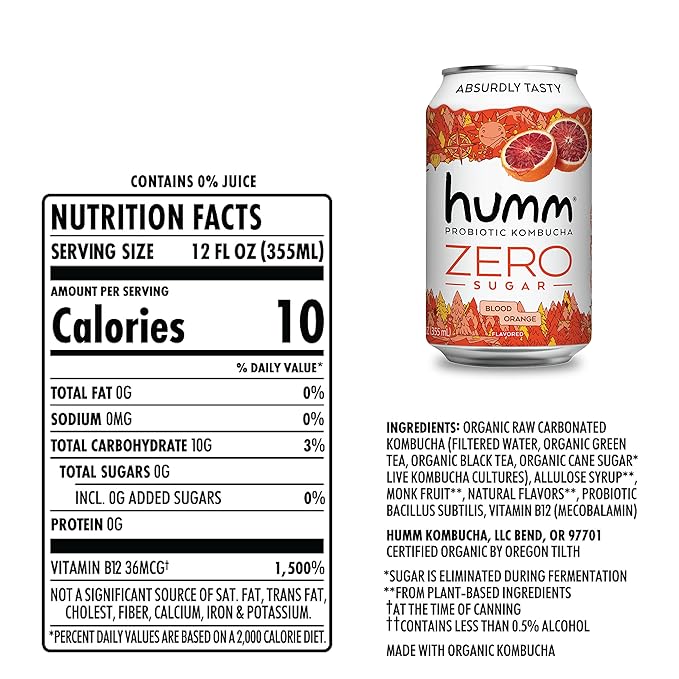 Humm Probiotic Kombucha Zero Sugar Blood Orange, No Refrigeration Needed, Keto Friendly, Organic, Vegan, Gluten Free, 12oz Cans (16 Pack)