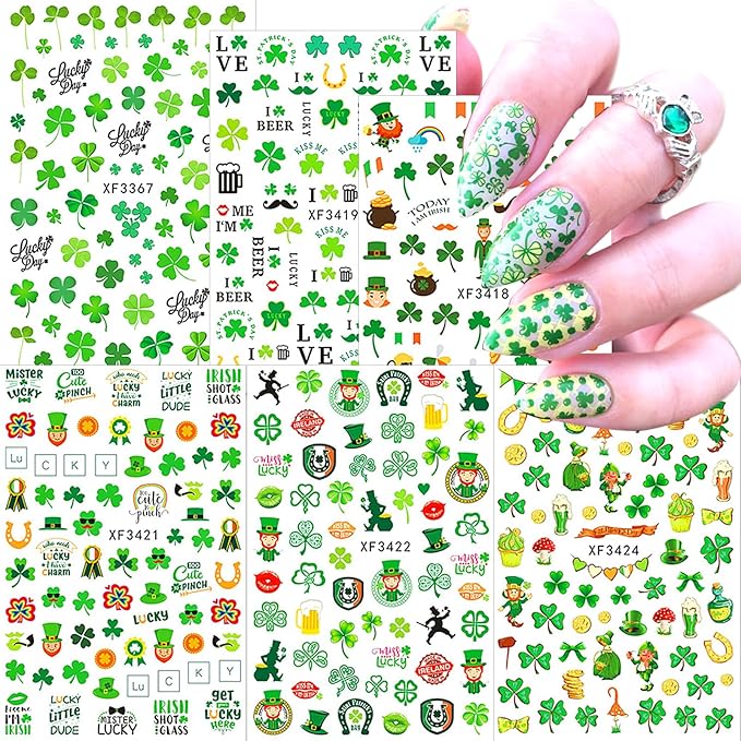 St Patricks Day Nail Stickers Green Shamrock Nail Stickers 3D Self-Adhesive Luck of The Irish Nail Decals Leprechaun Shamrock Nail Decals Deisgn Holiday Nail Stickers for Women Nail Art 10sheets