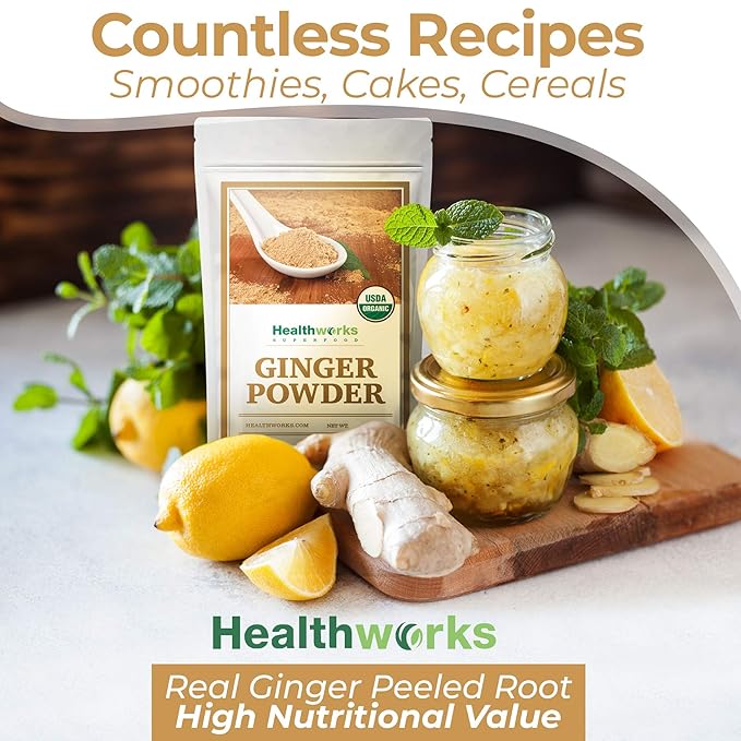 Healthworks Superfoods Organic Ginger Powder - 8 Oz - Ground, Raw & All-Natural - Keto, Vegan - Great with Coffee, Tea & Juices - Superfood/Spice
