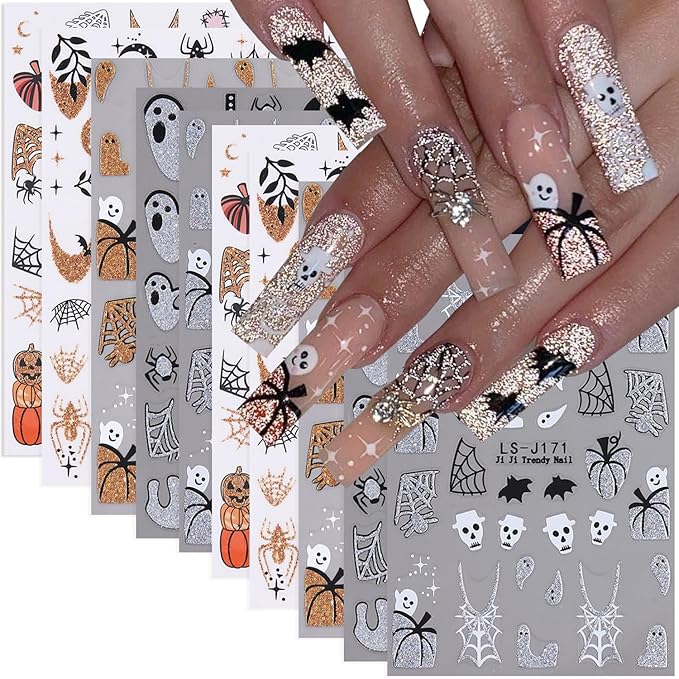 10 Sheets Halloween Nail Stickers for Nail Art Ghost Nail Art Sticker 3D Self-Adhesive Silver Gold Glitter Pumpkin Spider Web Spooky Spider Bat Nail Decals Stickers for Halloween Nails DIY
