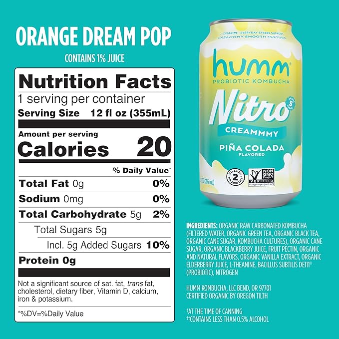 Humm Nitro Kombucha Piña Colada, Creamy Smooth Probiotic Drink with L-Theanine, Non-GMO, Vegan, Gluten Free, 12 fl oz (Pack of 24)