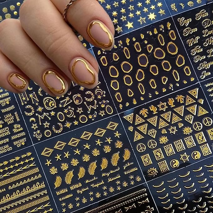 30 Pcs Glod Nail Art Stickers Decals Self-Adhesive Nail Decals Decorations Supplies Manicure Sliders for Women (Gold)
