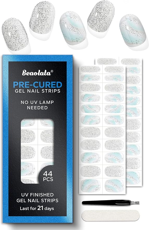 Pre Cured Gel Nail Strips - 44PCS Salon Quality Gel Nail Stickers - Long Lasting Polish Wraps for Women no UV Light Needed Easy Apply& Remove (Aurora Silver)