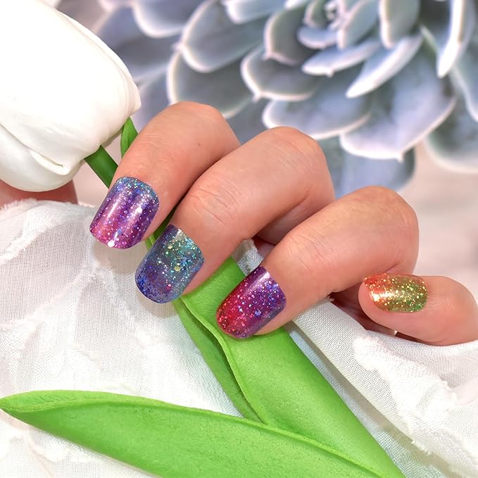 Semi Cured Gel Nail Strips Salon-Quality, Long Lasting Adhere Nail Art Stickers Decals (Colorful Sequins)
