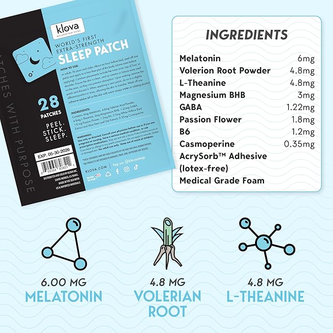 Klova Extra Strength Sleep Patches for Adults for Longer-Lasting Rest & Clear Morning Energy, with 6mg Melatonin and Natural Ingredients Like Valerian, Passion Flower, L-Theanine & More